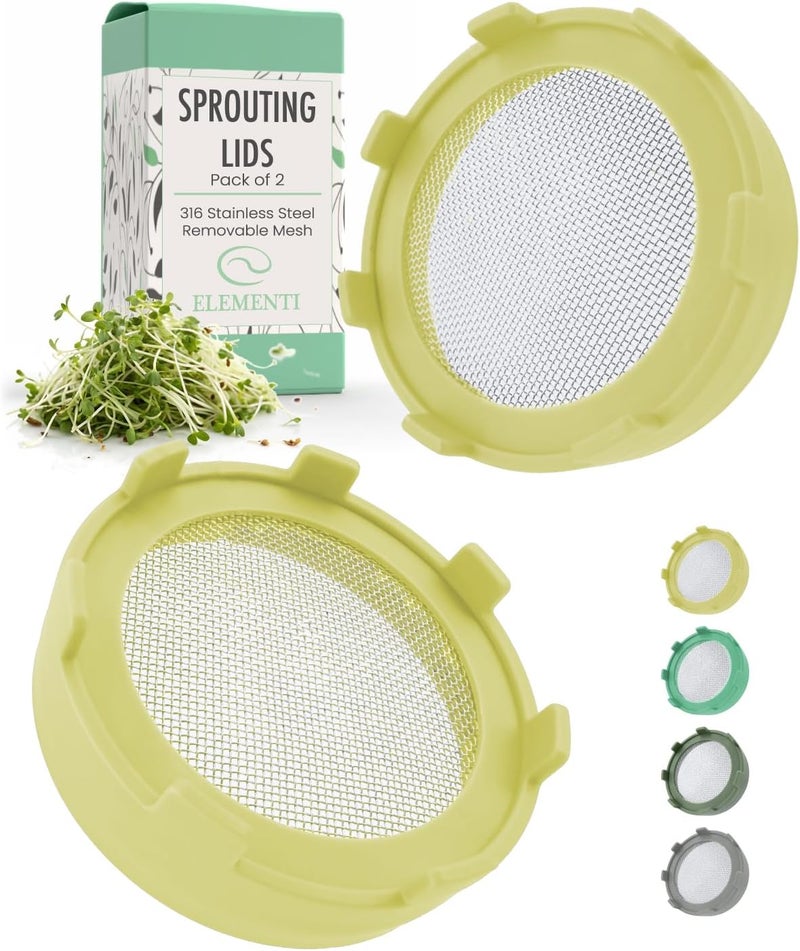Elementi Sprouting Jar Kit for Wide Mouth Mason Jars, Set of 2 Sprouting Lids for Organic Sprouts, Alfalfa & Mung Bean Sprouts Grow Kit, 316 Stainless Steel Mesh Screen Lid (Yellow) - Image 1